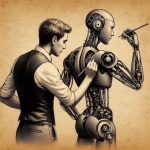 What if I use an AI for writing my CFP? A robot and a human actively sketching each other. The human is applying finishing touches to the AI bot's shoulders, while the AI bot is sketching out the human's torso. The scene depicts a reciprocal symbiotic relationship